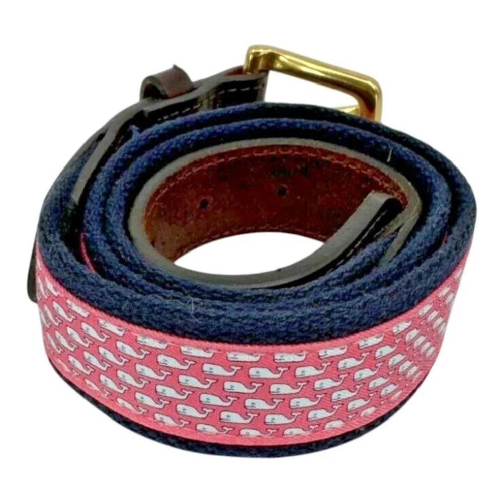 Vineyard Vines Men's Blue Woven Cotton Pink Canvas Whale Logo Golf Belt Size S/M